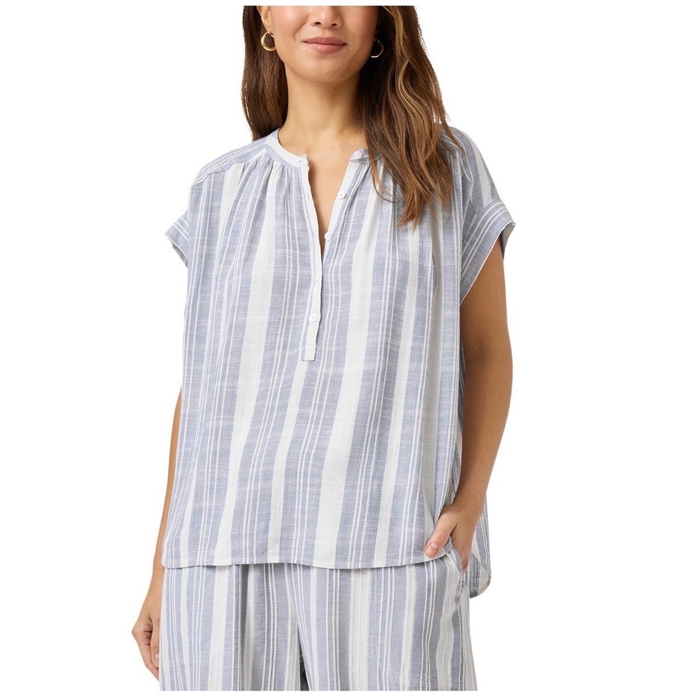 Splendid Raegan Stripe Blouse Blue White Linen Blend Cap Sleeve XS RS5W320